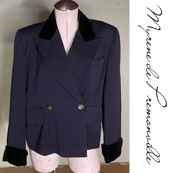 Myrene De Premonville Paris Vintage Double Breast Blazer Velvet Trim Gold Button - Picture 1 of 12